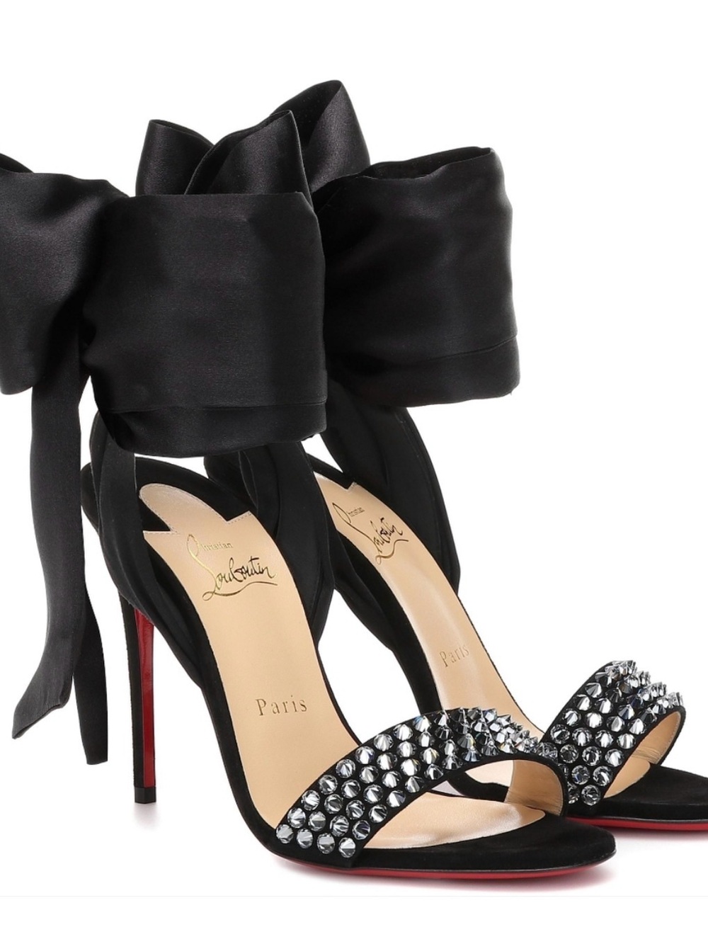 Christian Louboutin Black Satin Bow Crystal-Studded High Heels